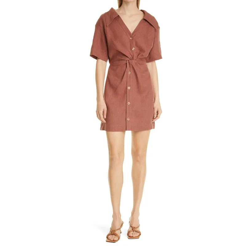 

New Dress V-Neck Short Sleeve High Waist Twist Shirt Dress Short Skirt Traf Robe Summer Dresses Woman 2022 Evening Dresses