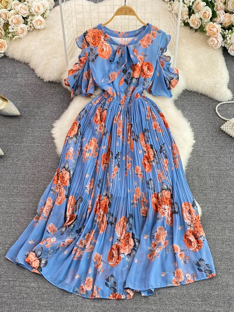 

Summer Women Floral Chiffon Pleated Midi Dress Vintage Bow Round Neck Hollow Out Short Puff Sleeve High Waist Draped Vestidos