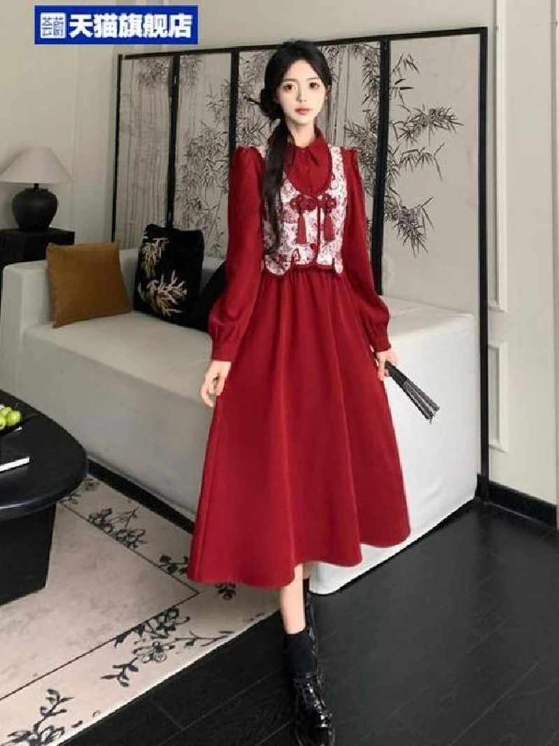 Plus Size Plus size women clothing Age-Reducing Slimming Meat Covering Set Chubby Girl National Sle Plate Buckle Vest Red Shi...