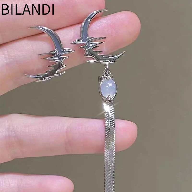 

Bilandi Fashion Jewelry Asymmetrical Moon Earrings 2022 Trend New Popular Style Resin Long Chain Dangle Earrings For Women Gift