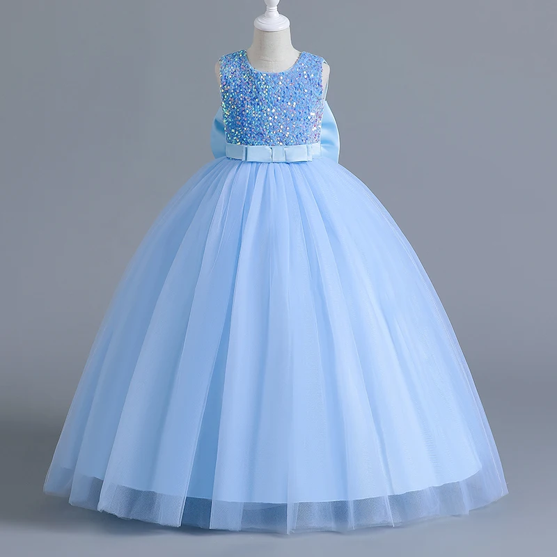 

12 14 Yrs Girls Party Dresses Blue Sequined Bow Gala Prom Gown for Children Kids Formal Events Costume Birthday Princess Clothes