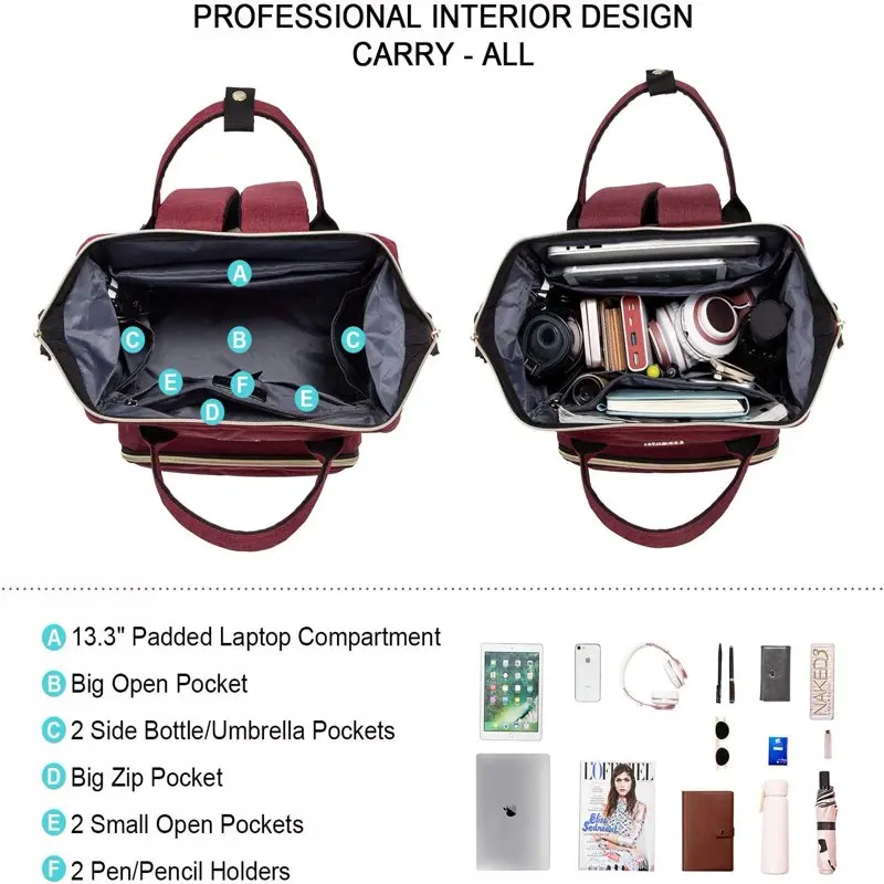 

Cute Wine Red 13.5" Laptop Backpack for Women, Waterproof College Book Teacher Nurse Bag with USB Charging Port, Stylish Work Co