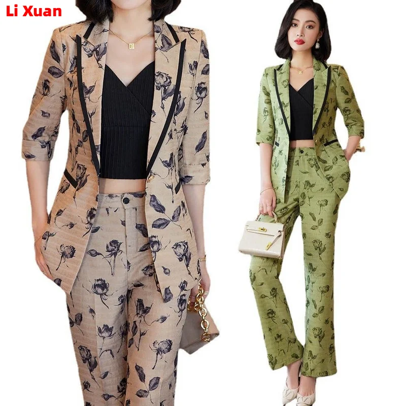 High Quality Korean Spring Suit Single Breasted Slim Print Casual Women Office Blazer Jackets Wide Leg Pants Set Femme 2 Piece