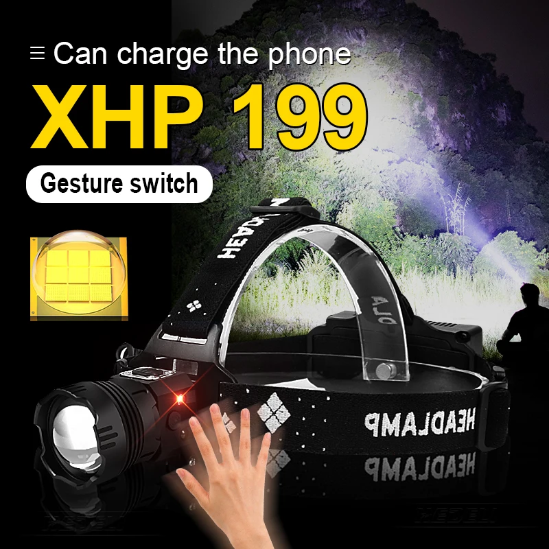 

NEW XHP199 Most Powerful Led Headlamp Rechargeable Head Flashlight High Power Headlight 18650 IR Sensor Fishing Head Lamp Light
