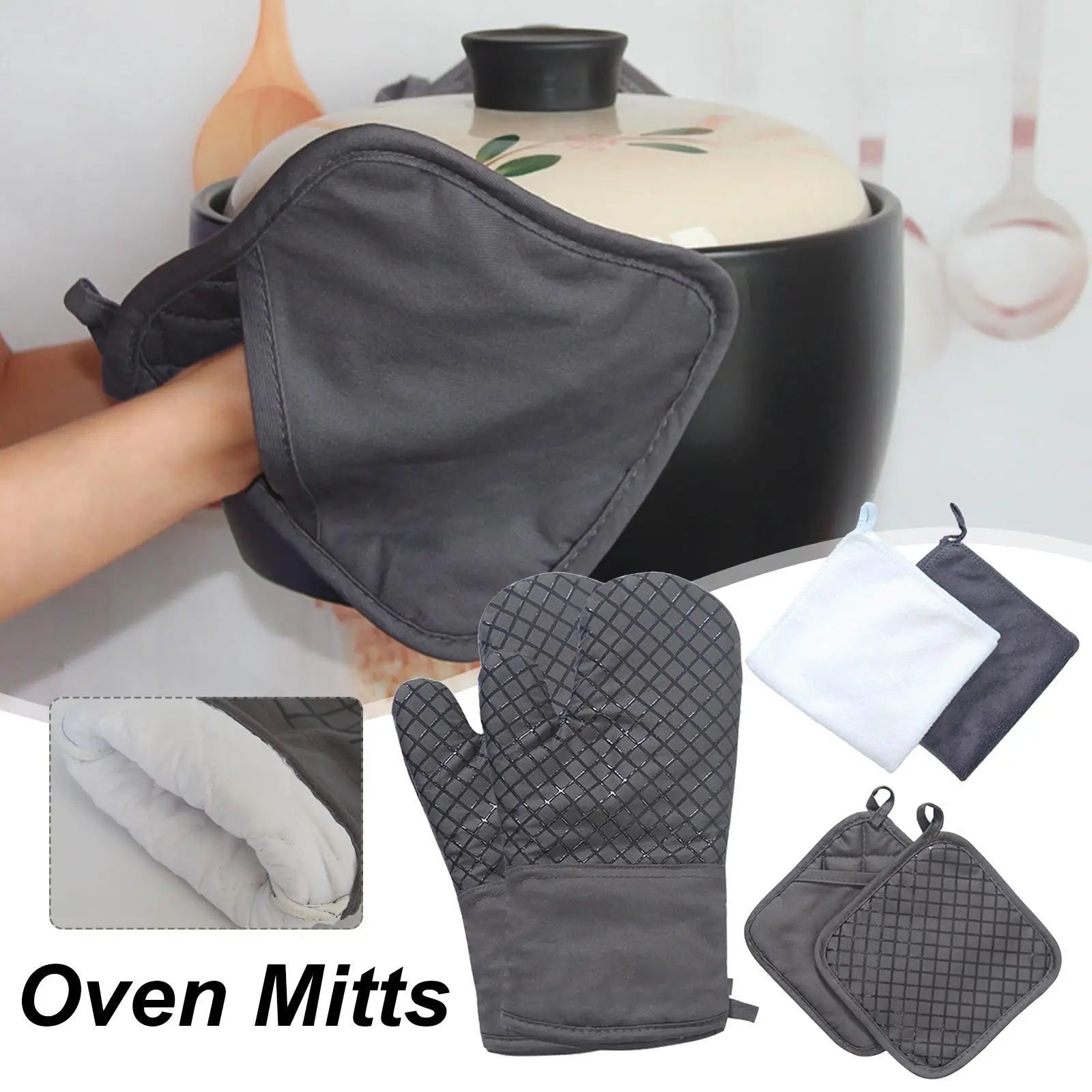 

1 Set Oven Mitt And Heat Resistant Pot Holder Pad Protector Oven Gloves Cooking Baking BBQ Oven Mitts For Kitchen Gadgets