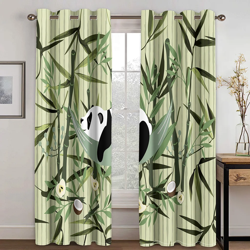 

Cute Panda Window Curtains Cartoon Style Bear Drawings Foliage Leaves Chinese 2-Panel Set Curtains for Living Room