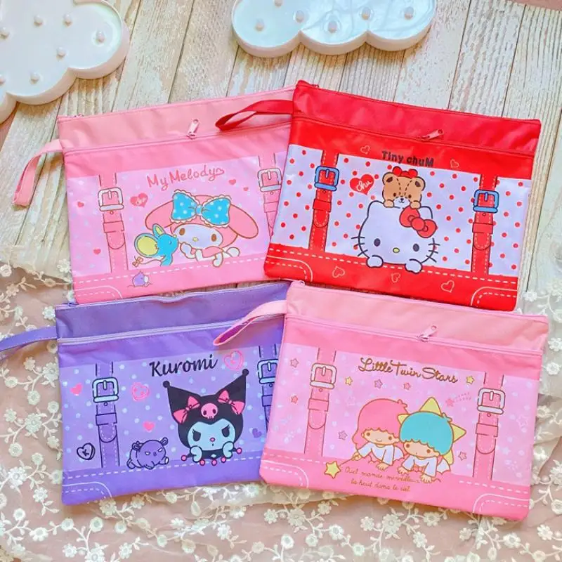 

Kawaii Sanrio аксессуары сумка для хранения Hello Kittys Cinnamoroll Mymelody Милая косметичка для документов A4 двухслойная сумка для информации