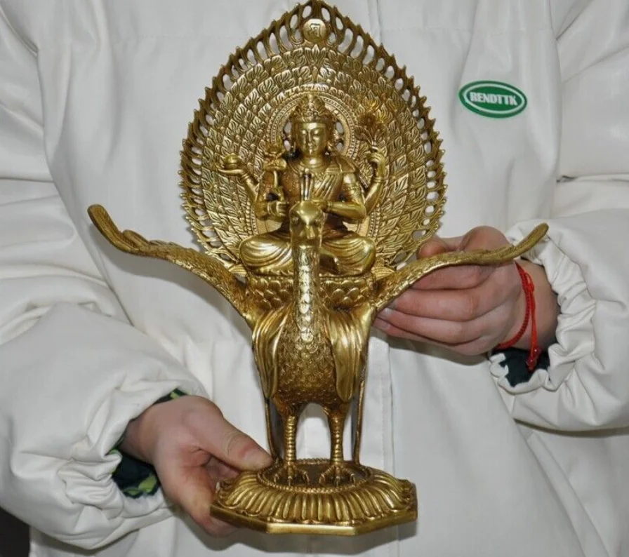 11-дюймовая тибетская бронза позолоченная птица Феникса Кван-Инь Гуаньинь статуя