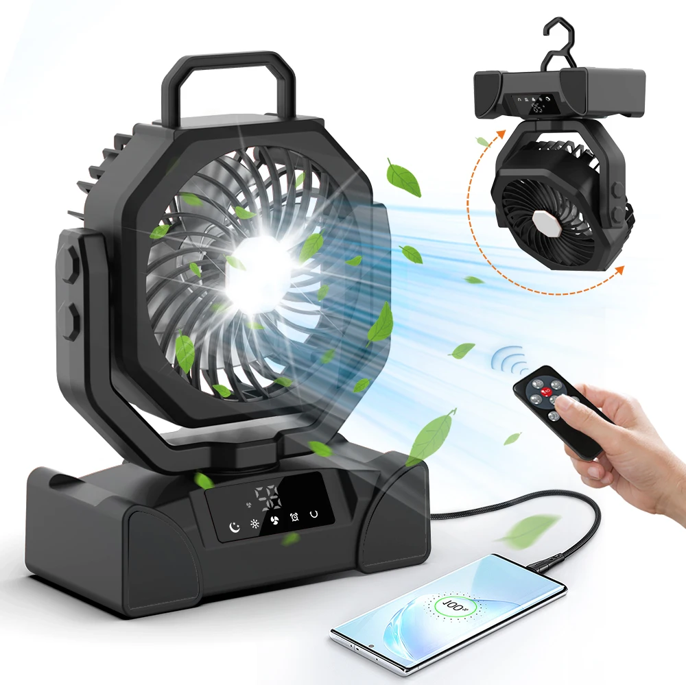 Фото Уличный портативный перезаряжаемый вентилятор с батарейным питанием, вентилятор для кемпинга с дистанционным таймером, светодиодный светильник для автомобильных палаток, 5 передач №3
