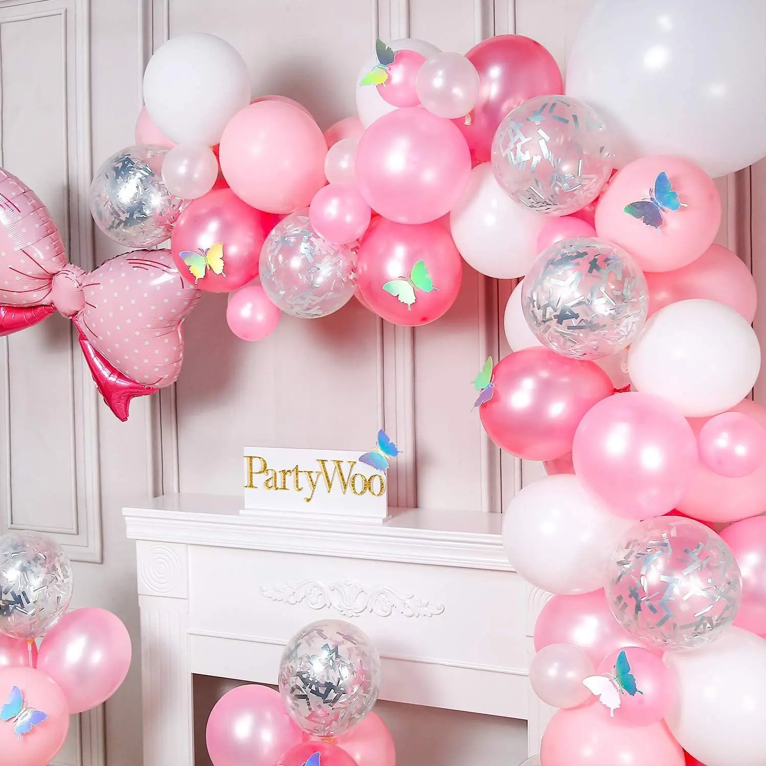 

SURSURPIRSE Romantic Theme Pink White Bowknot Confetti Foil Balloons Garland Arch Set for Women Wedding Valentine's Day Supplies