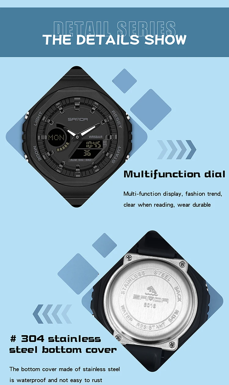 SANDA Men Sports Watch Chronograph Running Second Luminous LED Display Quartz Watches Mens Waterproof Relogio Masculino 6016
