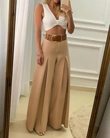 2022 womens long trousers elegant ladies office wear casual slim fit high waisted ruched pleated wide leg pants without belt