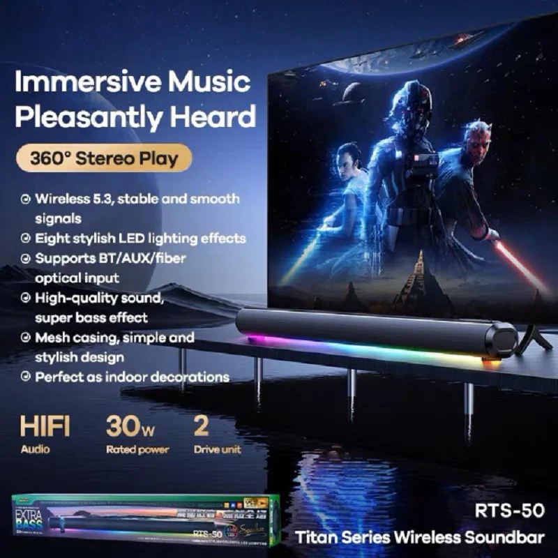 RTS-50 Titan Series Wireless Soundbar HIFI Mega Bass Sound 360° Virtual Stereo 3D Surround BT 5.3 Speaker With LED Light