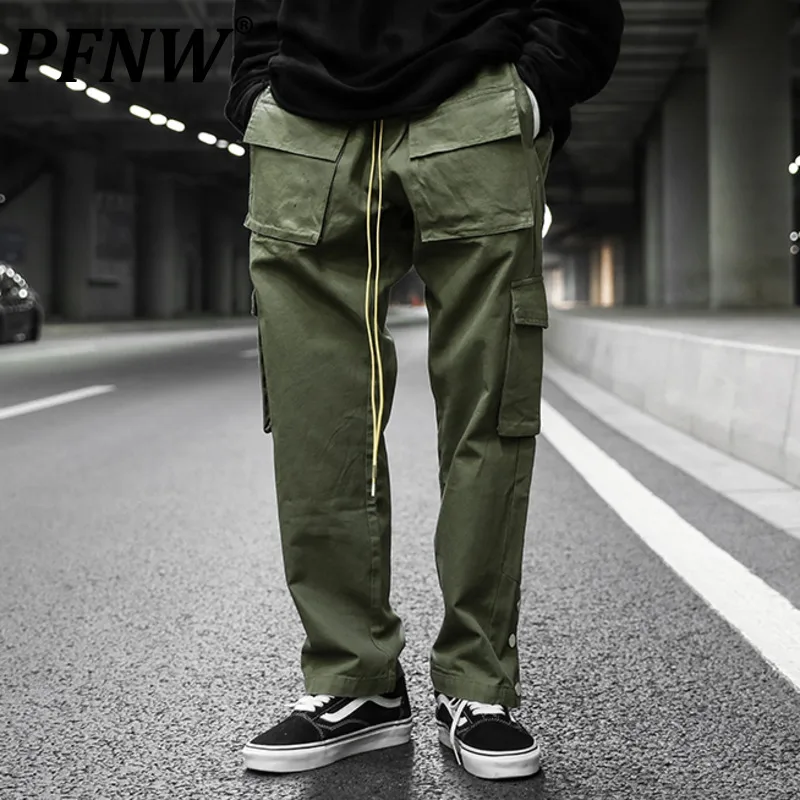 

PFNW Spring Autumn Men's High Street Baggy Straight Cargo Pants Casual Buckle Drawstring Loose Fashion Darkwear Overalls 12A7525