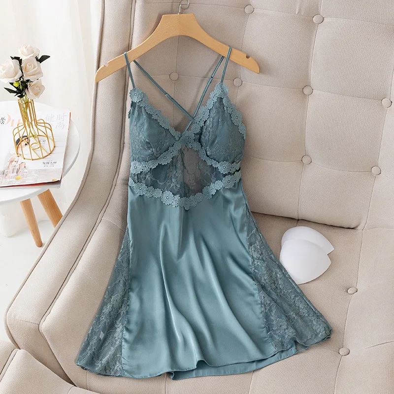 

Lace Floral Sweet Lady Nightgown Sexy Backless Suspender Nightdress V-Neck Nightwear Temption Home Pyjamas Summer Thin Sleepwear