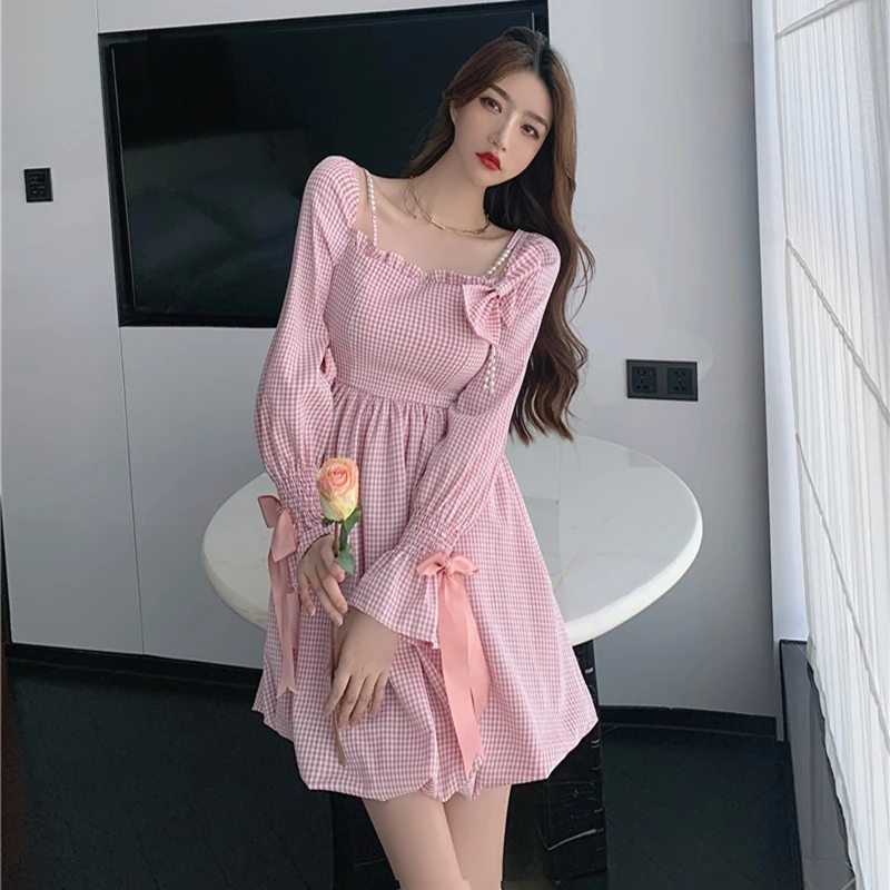 

Новинка осени 2022, универсальное клетчатое платье в гонконгском стиле с одной горловиной и длинным рукавом, бесплатная доставка