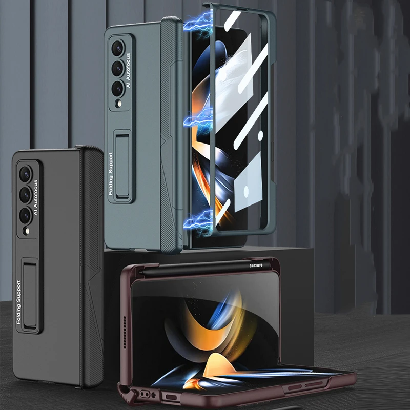 Magnetic Hinge Case for Samsung Galaxy Z Fold 4 5G Cover Side Pen Holder Hard PC Front Film 360 Full Protection Case No Pen