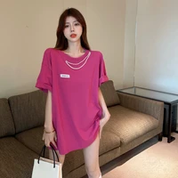 all match summer loose plus size cotton half sleeve woman t shirt o neck beading daily ins blouse t shitr dress