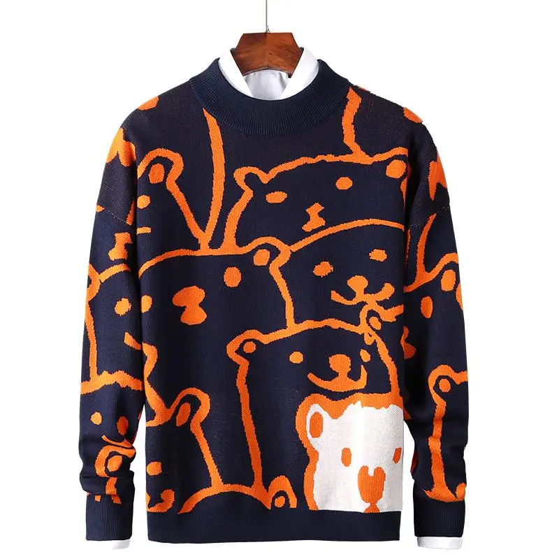

Men's Sweater Autumn Winter Anime Pattern Slim Sweaters Men Round Collar Pullovers 2022 Casual Thick Knitwear Warm Sweater Mens