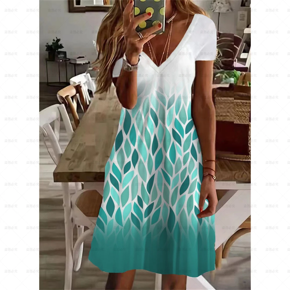 

2022 Summer Fashion Women Holiday Floral Leaves Print Loose V-neck Mini Dress Female Short sleeve Bohemian Beachwear XS-8XL