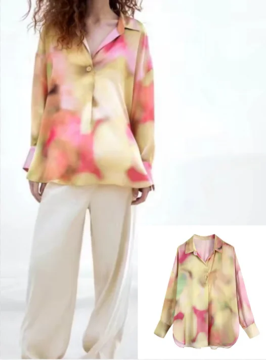 

RDMQ Women Fashion Tie-dye Print Loose Cozy Blouses Vintage Long Sleeve Asymmetric Split Hem Female Shirts Blusas Chic Tops