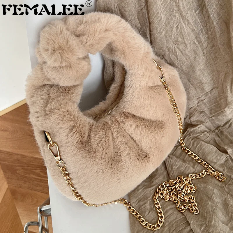 

Новинка 2022 сумки-тоут через плечо из искусственного меха сумки для женщин зимние плюшевые кошельки и сумочки с полумесяцем Женская Стегана...