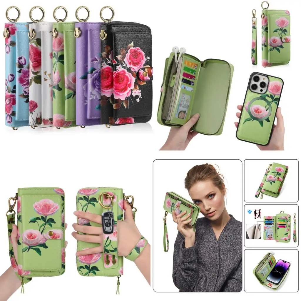 

Zipper Purse Wallet Case for iPhone 14 Pro Max 13 12 15 Plus 11 XR XS 7 8 Funda Flower Detachable Card Slot Handbag Phone Cover