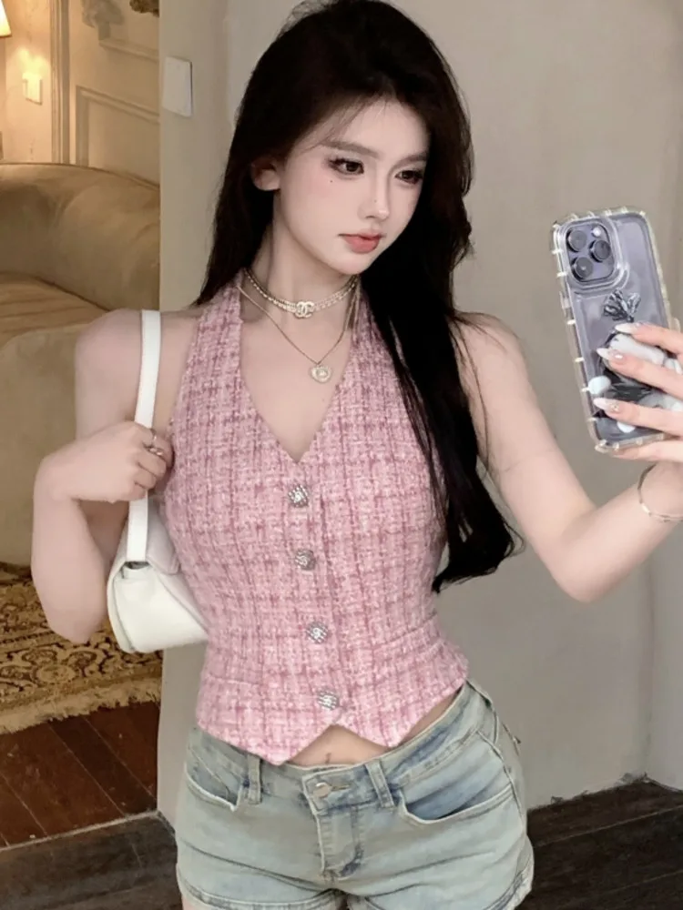 

High End Luxury Tweed Vest Women Summer Sleeveless V-neck Plaid Crop Top Sweet Korean Fashion Camisole French Design Streetwear