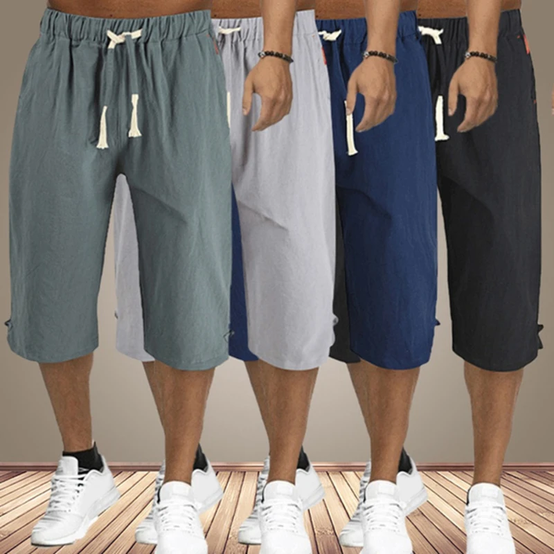 

Harem Beach Pants Mens Casual Elastic Waist Capri Wide Leg Baggy Drawstring Pocket Trouser Loose For Holiday