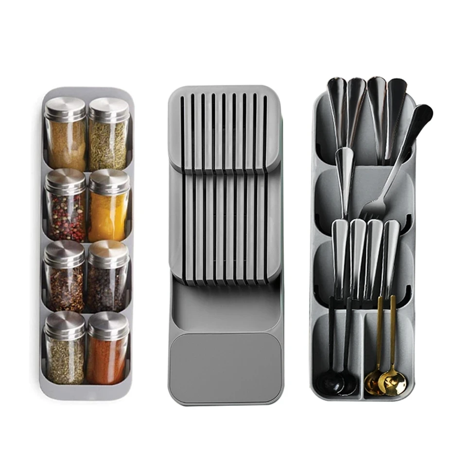 Kitchen Cutlery Storage Box Plastic Trays Spoon Fork Tableware Organizer Container  Separate Knife Holder Seasoning Bottles Rack