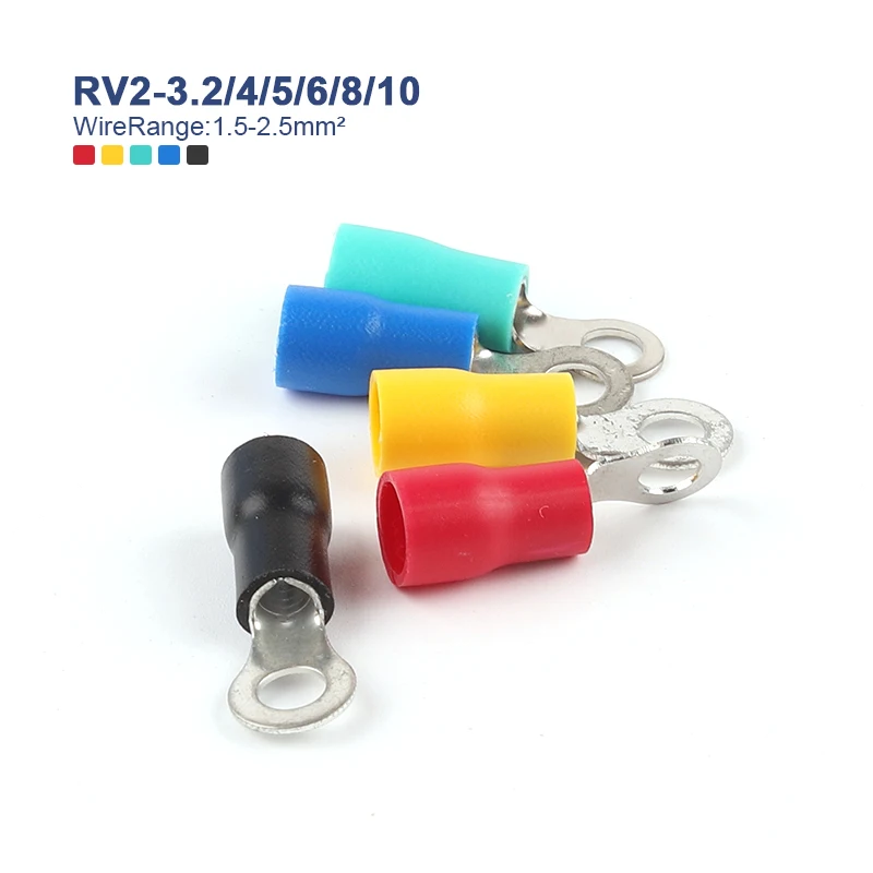 

100PCS RV2-3.2/4/5/6/8/10 PVC Ring Terminal Electrical Crimp Connector 1.5-2.5mm2, Copper Insulated Wire Pin End Mating 16-14AWG