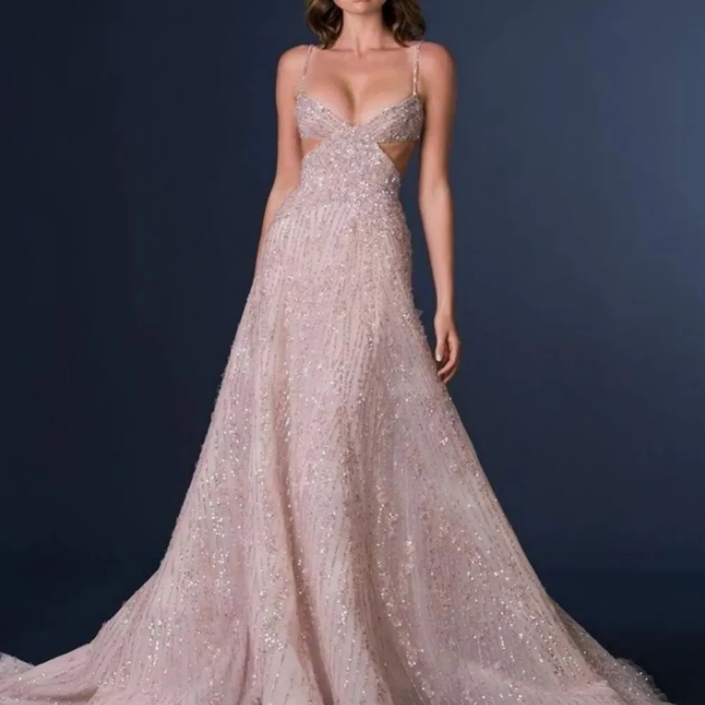 

Sapmae Spaghetti Strap Sequin Beaded Cut-out A-line Court Train Prom Evenning Cocktail Formal Party Dress For Women In Summer