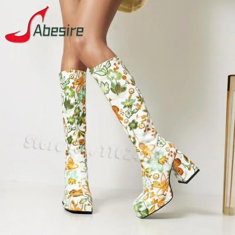 

Flower Embroidery Platform Long Boots Women Knee Length Boots Fashion Ladies Slip On Chunky Heel High Heels Spring Winter Shoes
