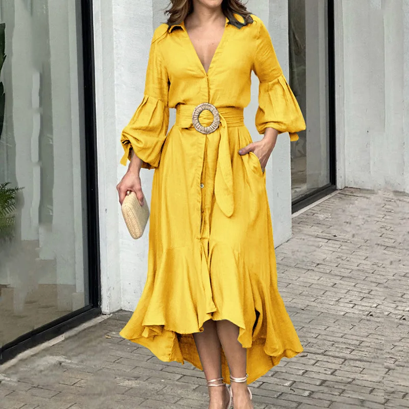 

Summer Elegant Solid V-Shaped Polo Collar Panel Flare Sleeve Slim Waist Tie Up Button Irregular Ruffle Dress Women Classic Dress