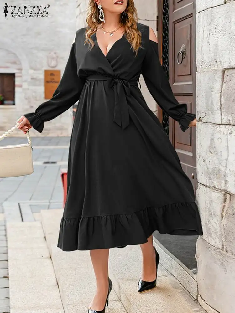 

2022 Spring OL Solid Dress ZANZEA Women Sexy V Neck Robe Party Casual Puff Sleeve Vestidos Holiday Elegant Belted Ruffle Dresses
