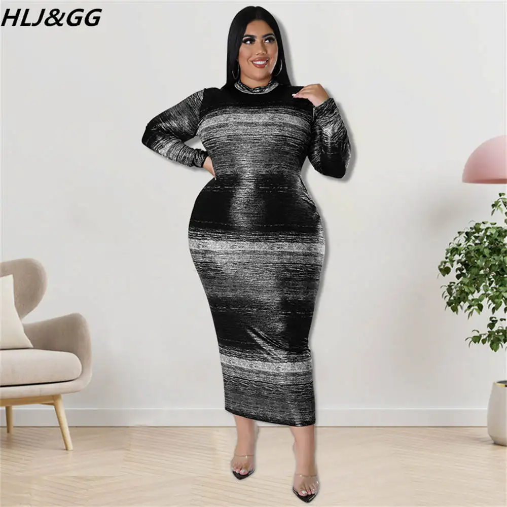 HLJ&GG Plus Size Women Clothing XL-5XL Fashion Vintage Pattern Print Bodycon Mid Dresses Fall Winter Casual Slim Vestidos Dress