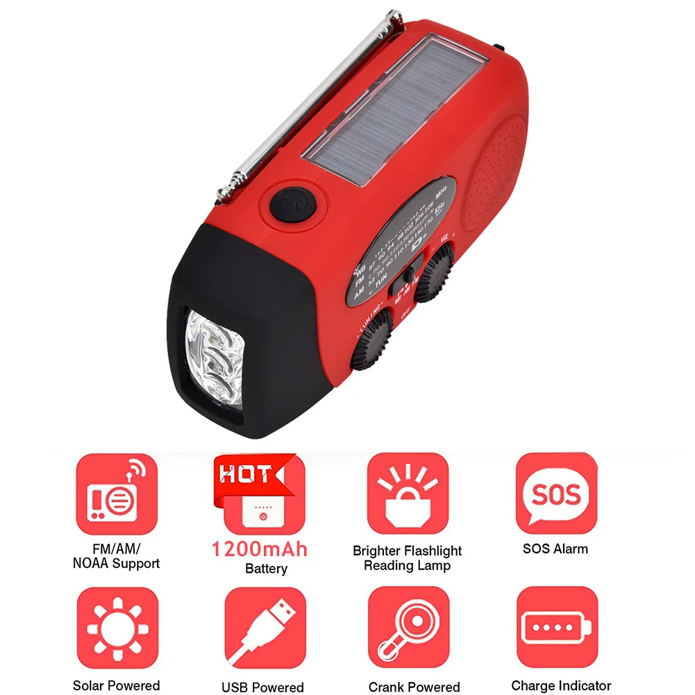 1200mah hand crank solar powered amfmnoaa radio charger emergency led flashlight fm8db am 86db power bank for cell phone red free global shipping