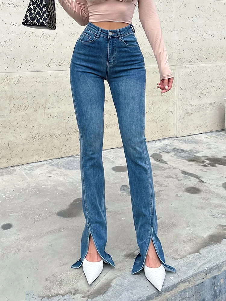 

High Waisted Blue Straight Slit Jeans Fashion Women Casual Boyfriend Baggy Streetwear Denim Pants Y2K Girls Full Loose Trousers