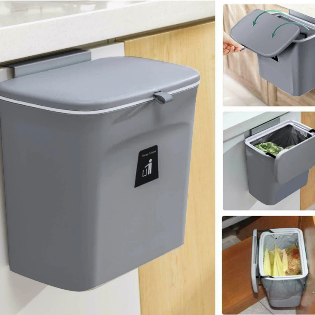 

Hanging Trash Can Wall Mounted Waste Bin Kitchen Rubbish Waste Holder with Lid Gray Plastic Trash Can Rubbish Waste Bin Big Capa