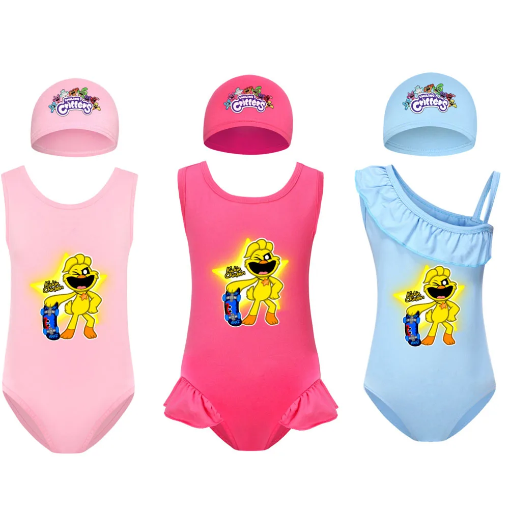 Слитный детский купальник со смайликами и надписью Смайлики без рукавов с