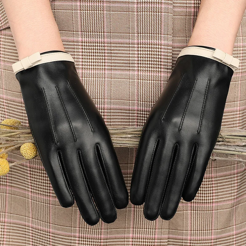 Real Leather Gloves Female Autumn Winter Thermal Touchscreen Fashion Butterfly Black Sheepskin Women Gloves Driving YSW0013