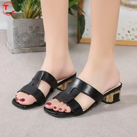 open toe shoes summer womens sandals 2022 new fashion buckle genuine leather thick heel pumps buckle party basic shoes women