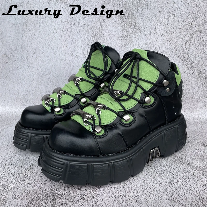 Green Gothic Sneakers Women's Fashionable Height 6cm Increasing Leisure-Level Super Popular Punk Platform High-Top Daddy Shoes