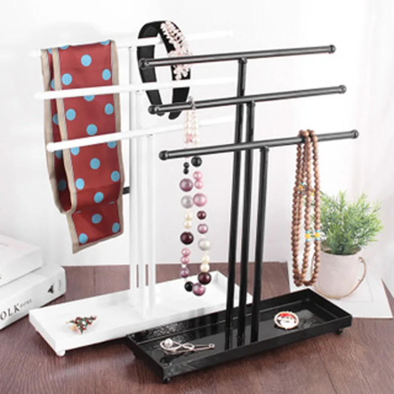 3-Tier Vintage Gold Metal T-Bar Jewelry Organizer Stand, Necklace and Bracelet Hanging Display with Gray Wood Ring Tray