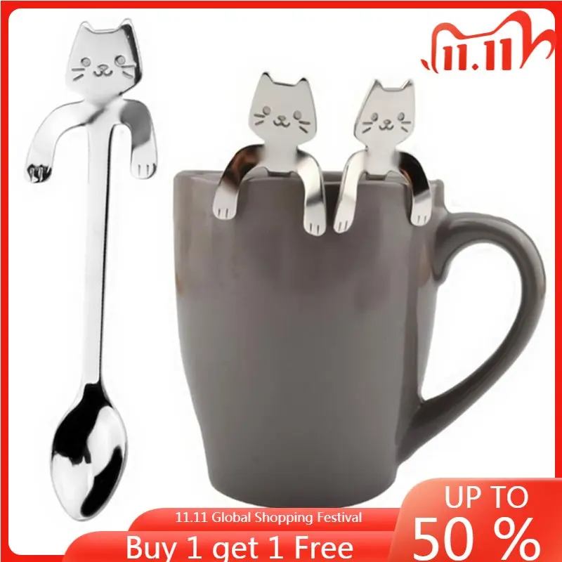 

Lovely Cute Cat Shape Teaspoon Stainless Steel Coffee Spoon Dessert Snack Scoop Ice Cream Mini Spoons Tableware Kitchen Tools