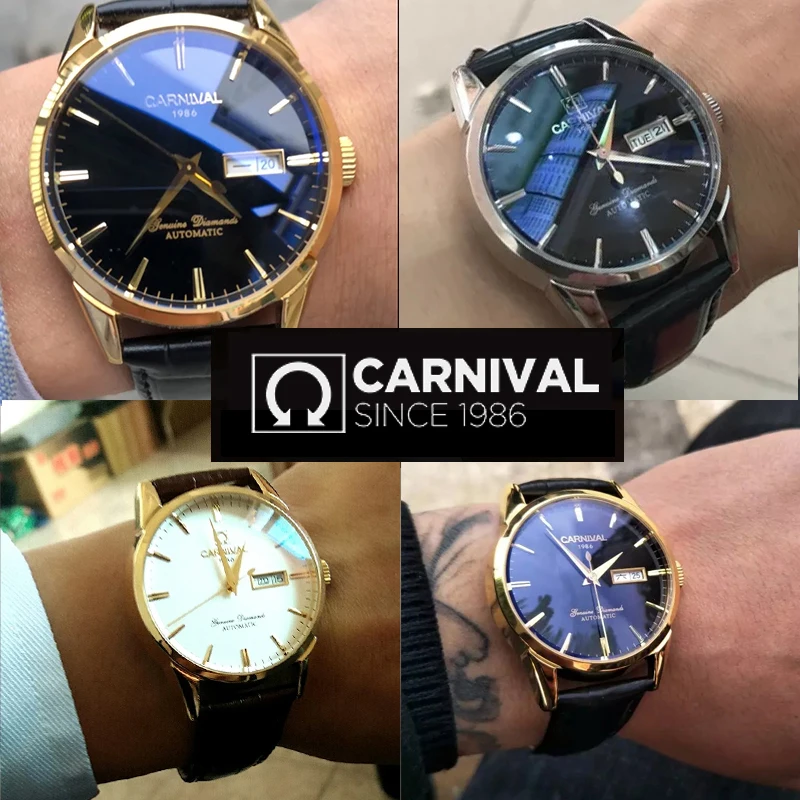 CARNIVAL Casual Fashion Men's Mechanical Watch Black Waterproof Leather Expression Automatic Watches Week Calendar Display 8646G enlarge