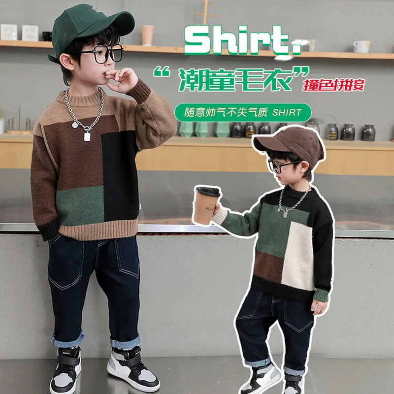 

Зимний, осенний, новый, вязаный свитер для маленьких мальчиков, модная детская одежда с длинным рукавом, детская утепленная плюшевая трикотажная одежда, пуловер, Топ