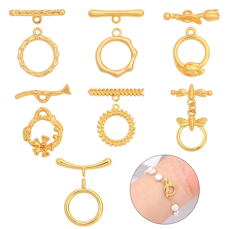 

1Set 18K Gold Plated Copper Flower Dragonfly OT Clasp Ring Hooks Toggle Clasp Connector for Bracelet Necklace Jewelry Making