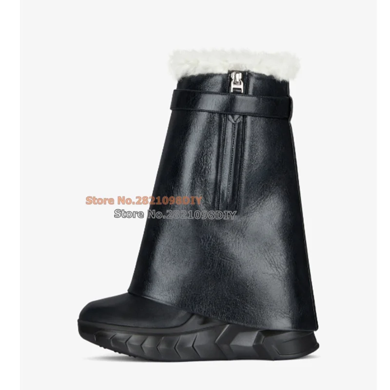 Shark Lock Biker In Leather Black Short Boot Round Toe Fur Insidd Warm Snow Boots Women Height Inreased Ankle Boots Plus Size