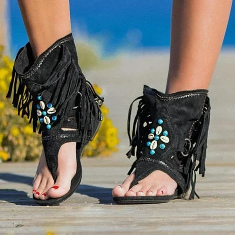 

Women's Retro Sandals Gladiator Ladies Clip Toe Vintage Boots Casual Tassel Rome Fashion Summer Woman Shoes Female Sandalias